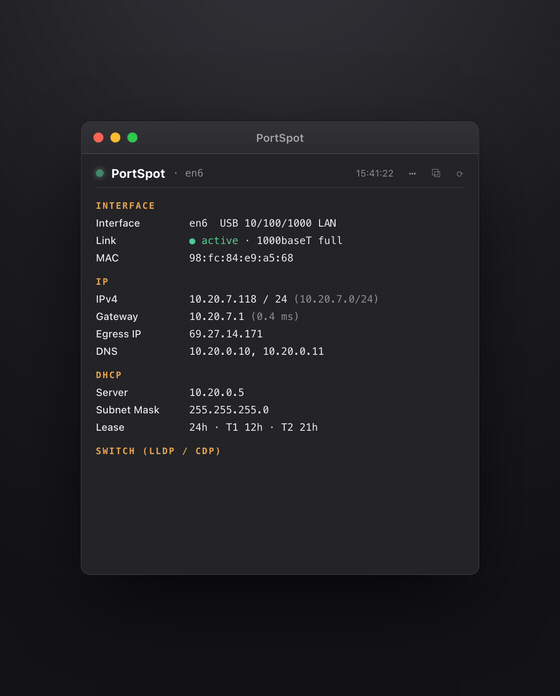 PortSpot readout showing switch, port, VLAN and diagnostics